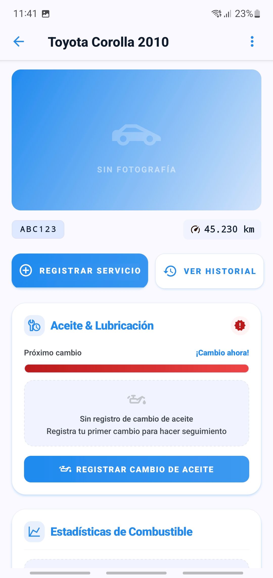 Detalle de un vehículo en TuVehiculo con el seguimiento de cambio de aceite